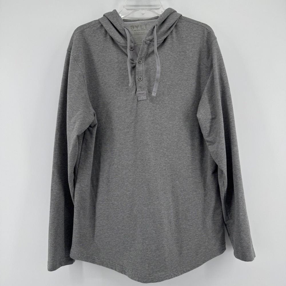 BYLT Hooded Henley Mens Large Grey Drop Cut Lux‎ Long Sleeve Hoodie